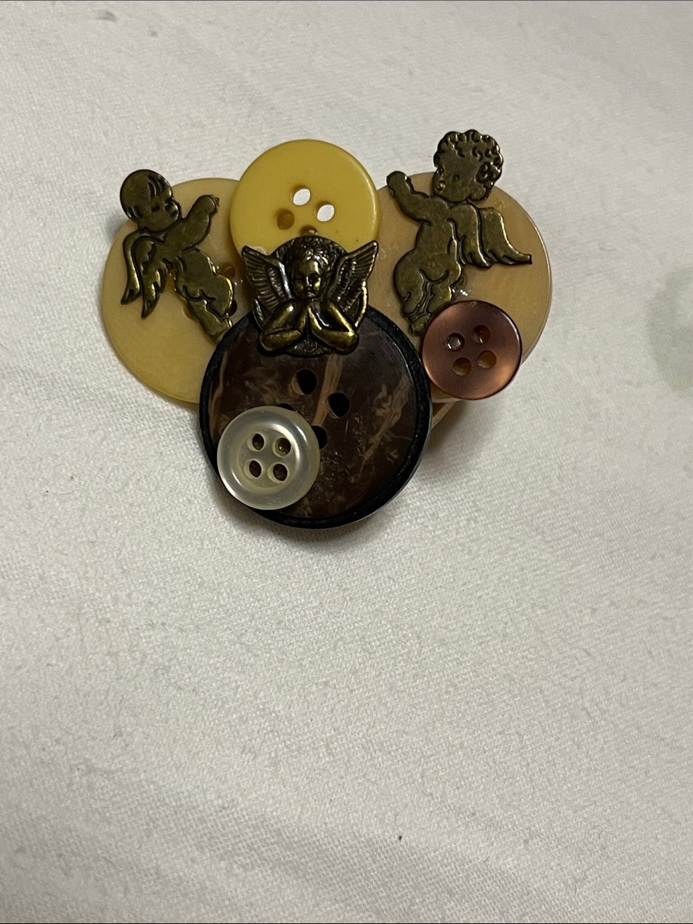 Hand Crafted Button & Angel Cluster Brooch in Cream, Brown & Gold-Tone